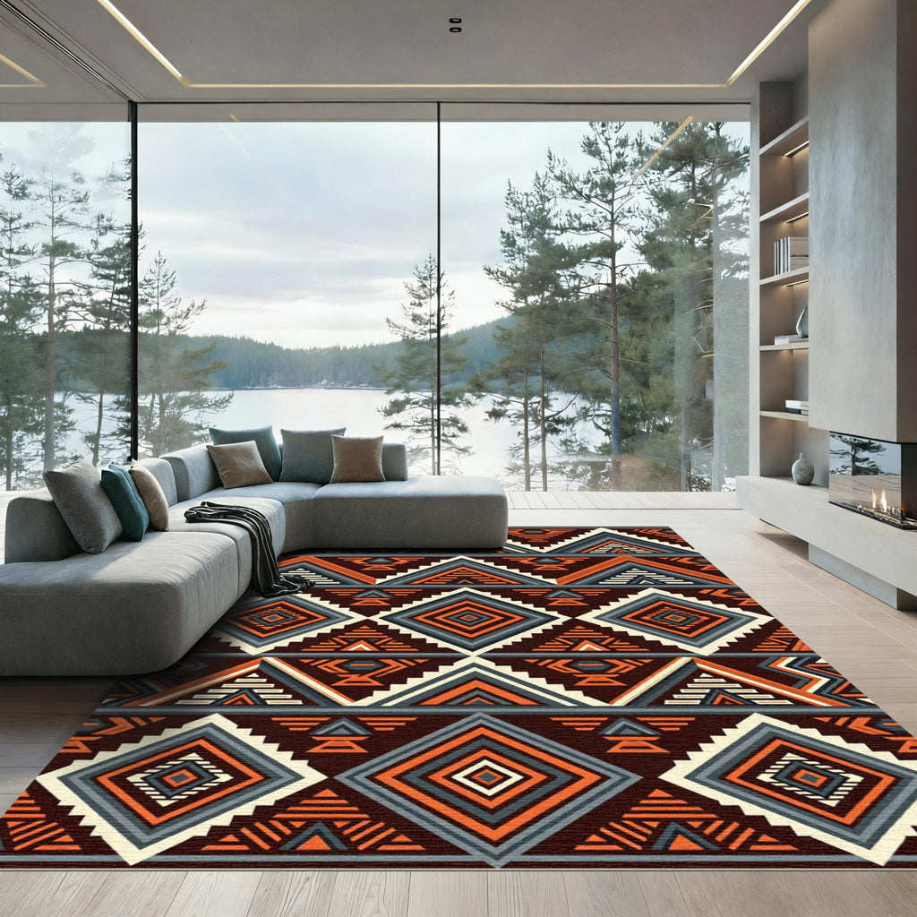 Geometric Burnt Orange Indigo Aztec Composition Rug