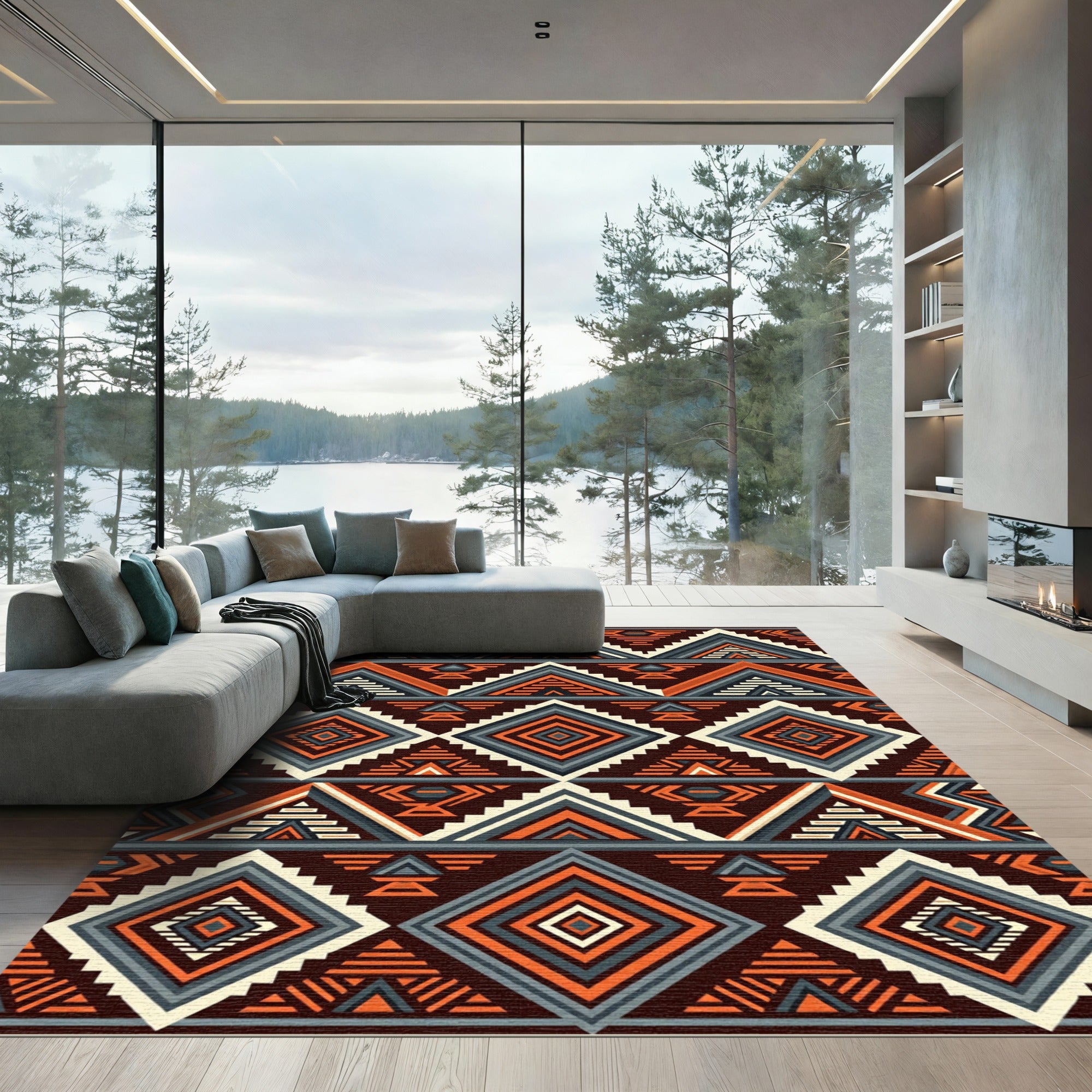Geometric Burnt Orange Indigo Aztec Composition Rug