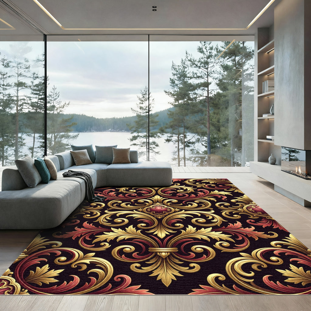 Ornate Golden Baroque Crimson Damask Rug