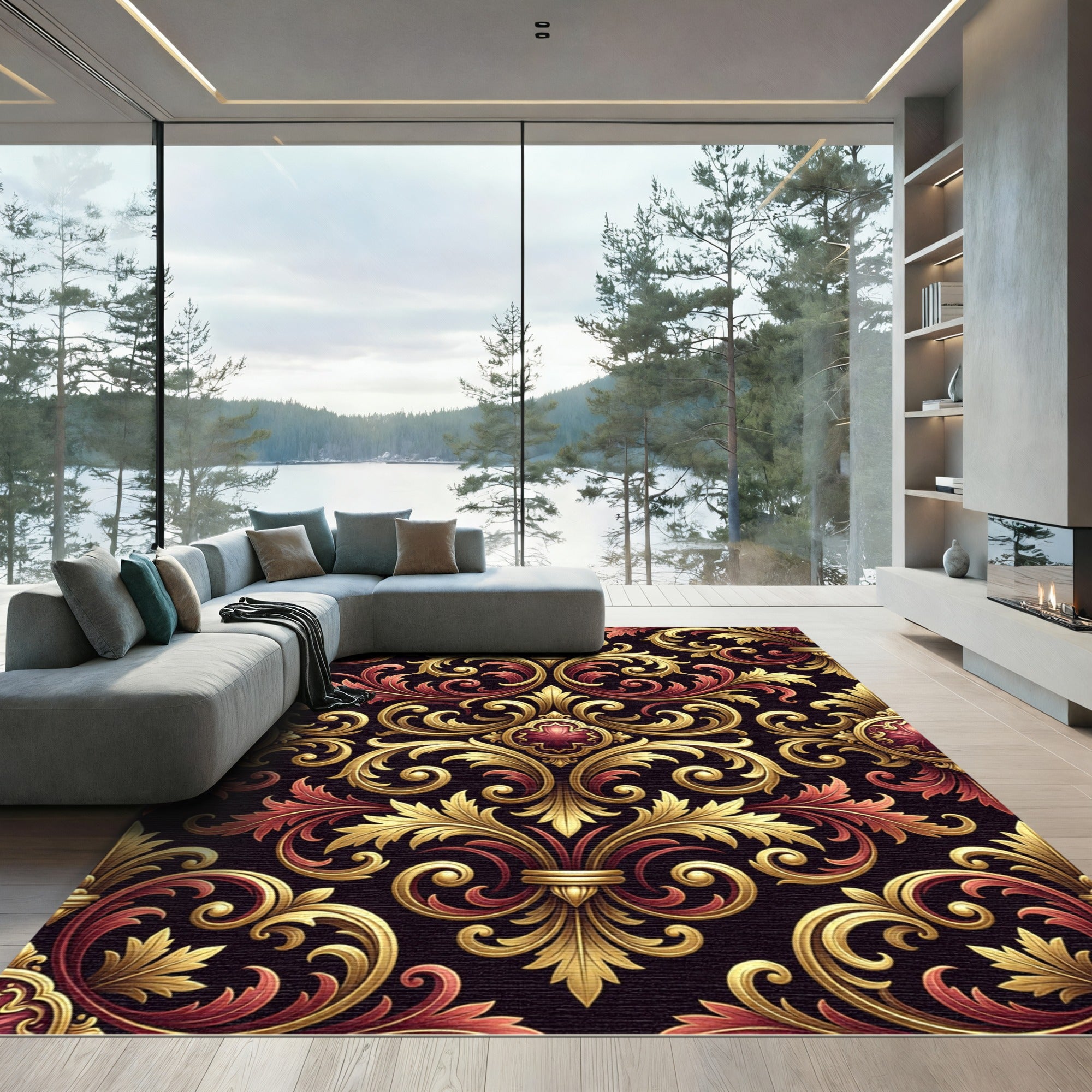 Ornate Golden Baroque Crimson Damask Rug
