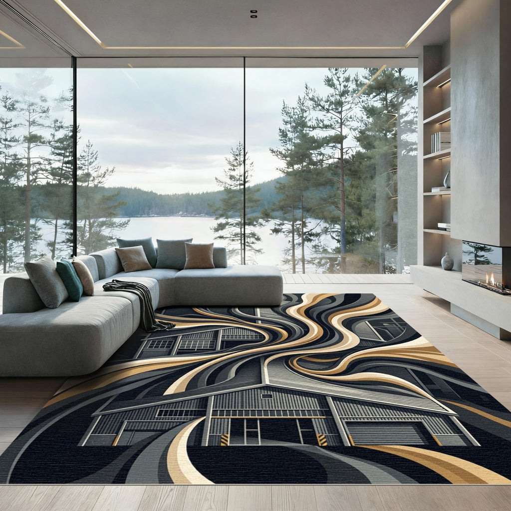 Industrial Abstract Monochrome Gold Swirl Rug