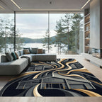 Industrial Abstract Monochrome Gold Swirl Rug