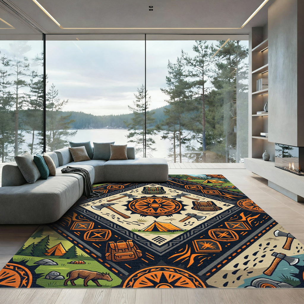 Geometric Orange Adventure Compass Diamond Rug