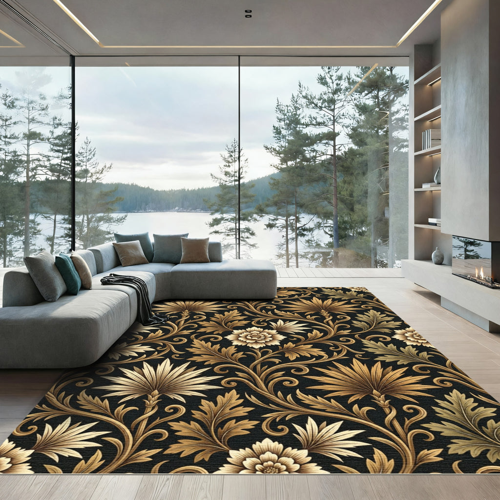 Ornate Black and Gold Floral Vines Rug