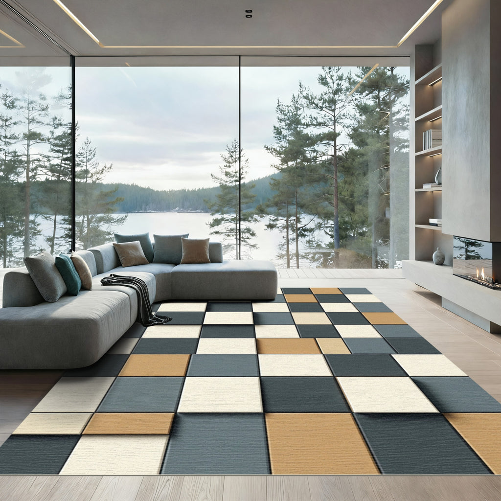 Geometric Staggered Squares Earth Tone Rug
