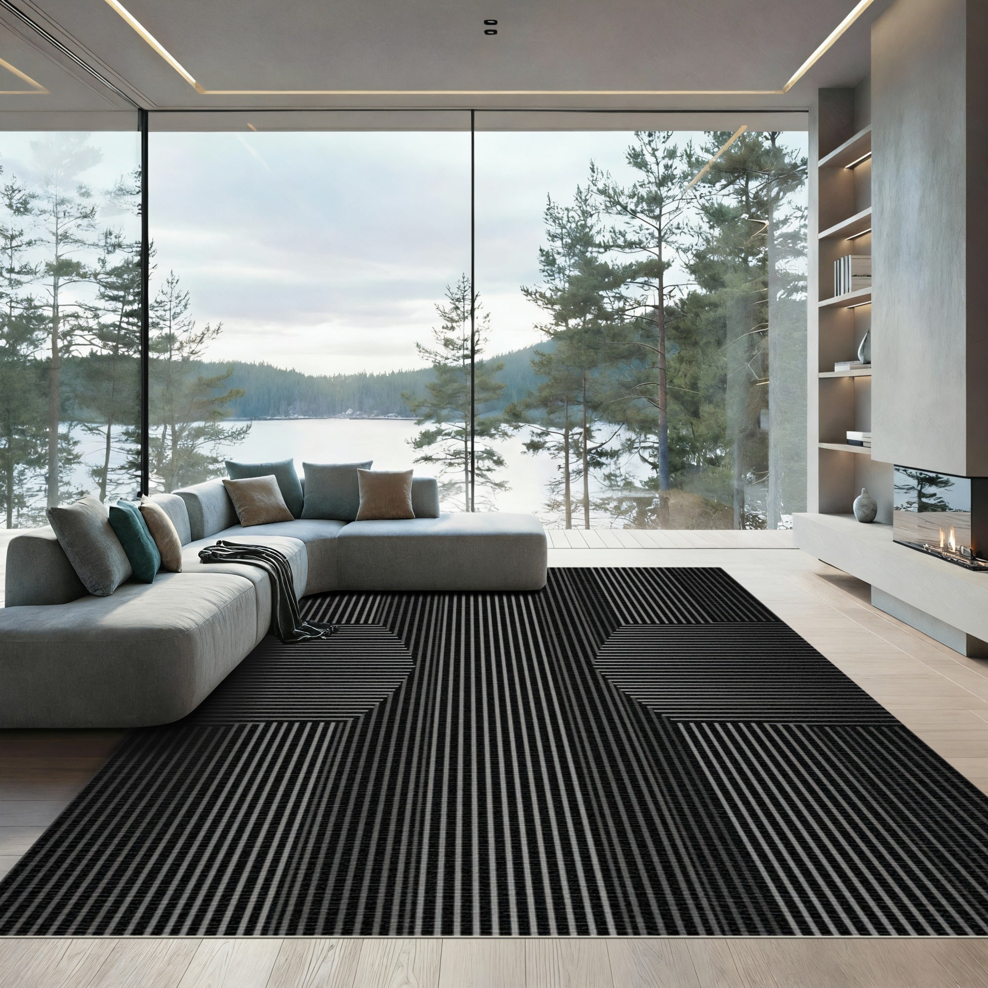 Monochrome Vertical Stripe Hexagon Illusion Rug