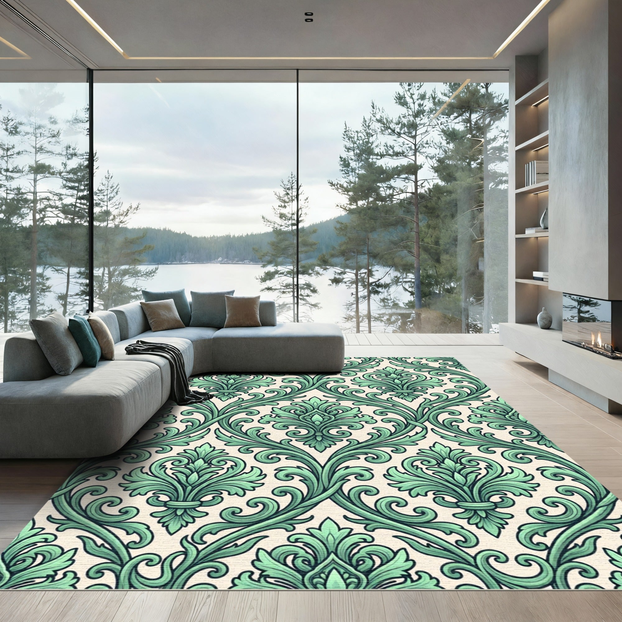 Elegant Sage Green Damask Scroll Runner Rug