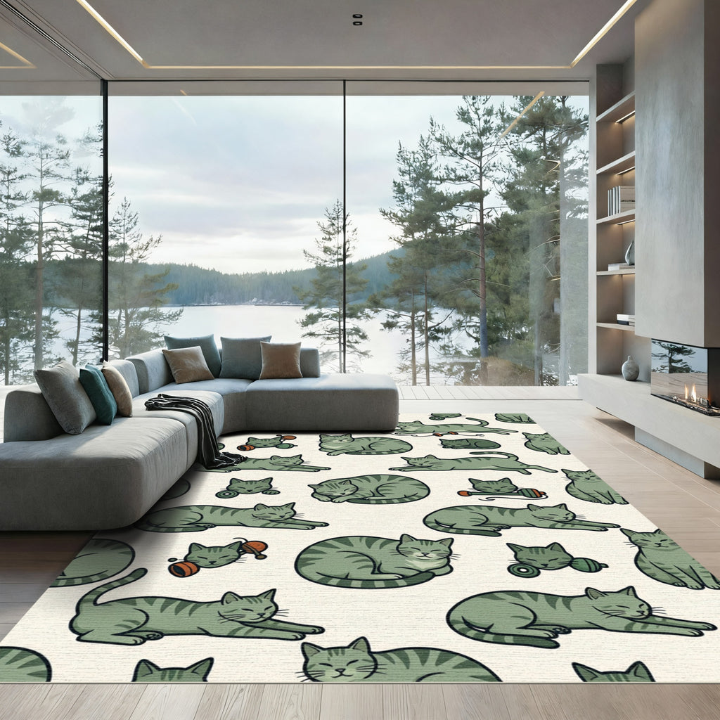 Playful Sage Green Tabby Cat Illustration Rug