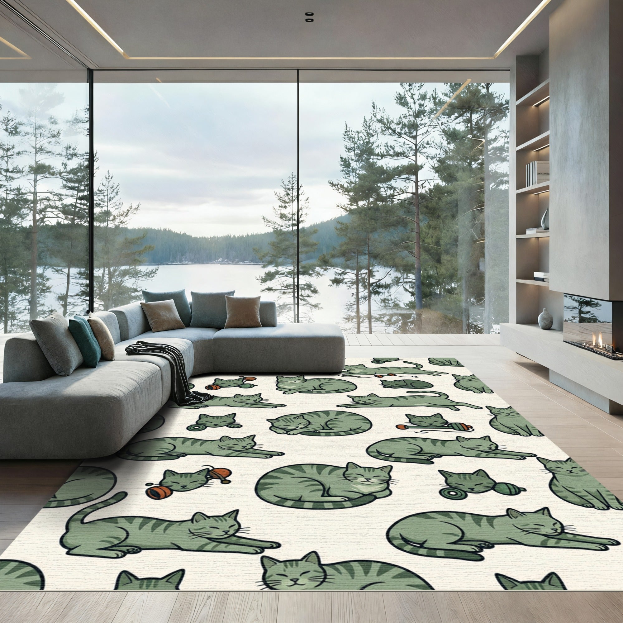 Playful Sage Green Tabby Cat Illustration Rug
