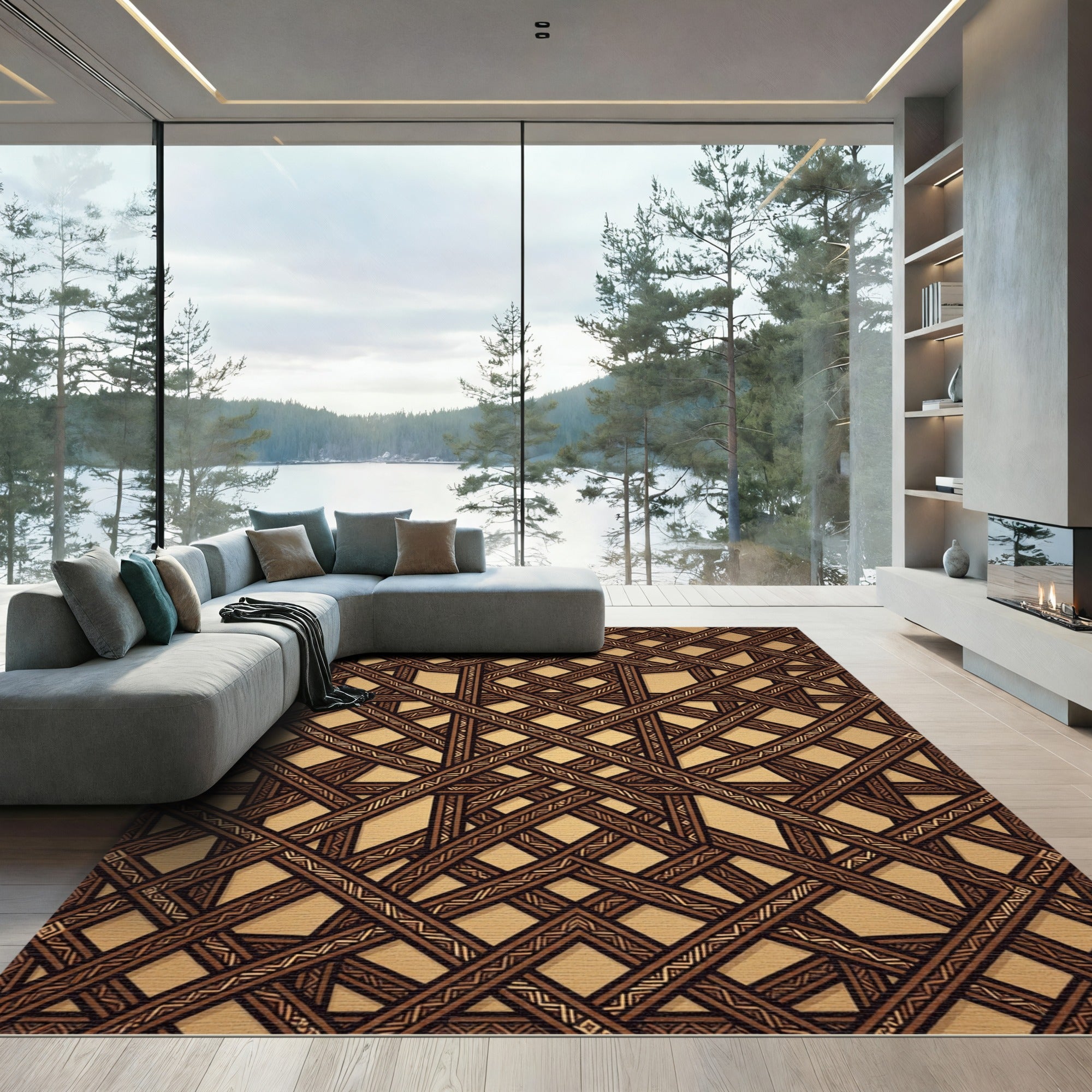 Bronze Geometric Interlocking Lattice Weave Rug