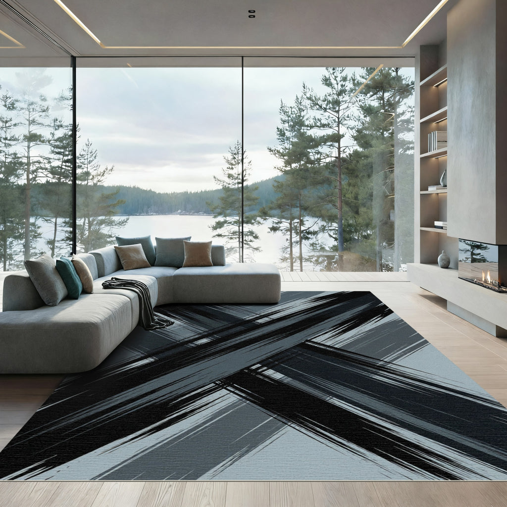 Bold Charcoal Abstract Diagonal Stroke Rug
