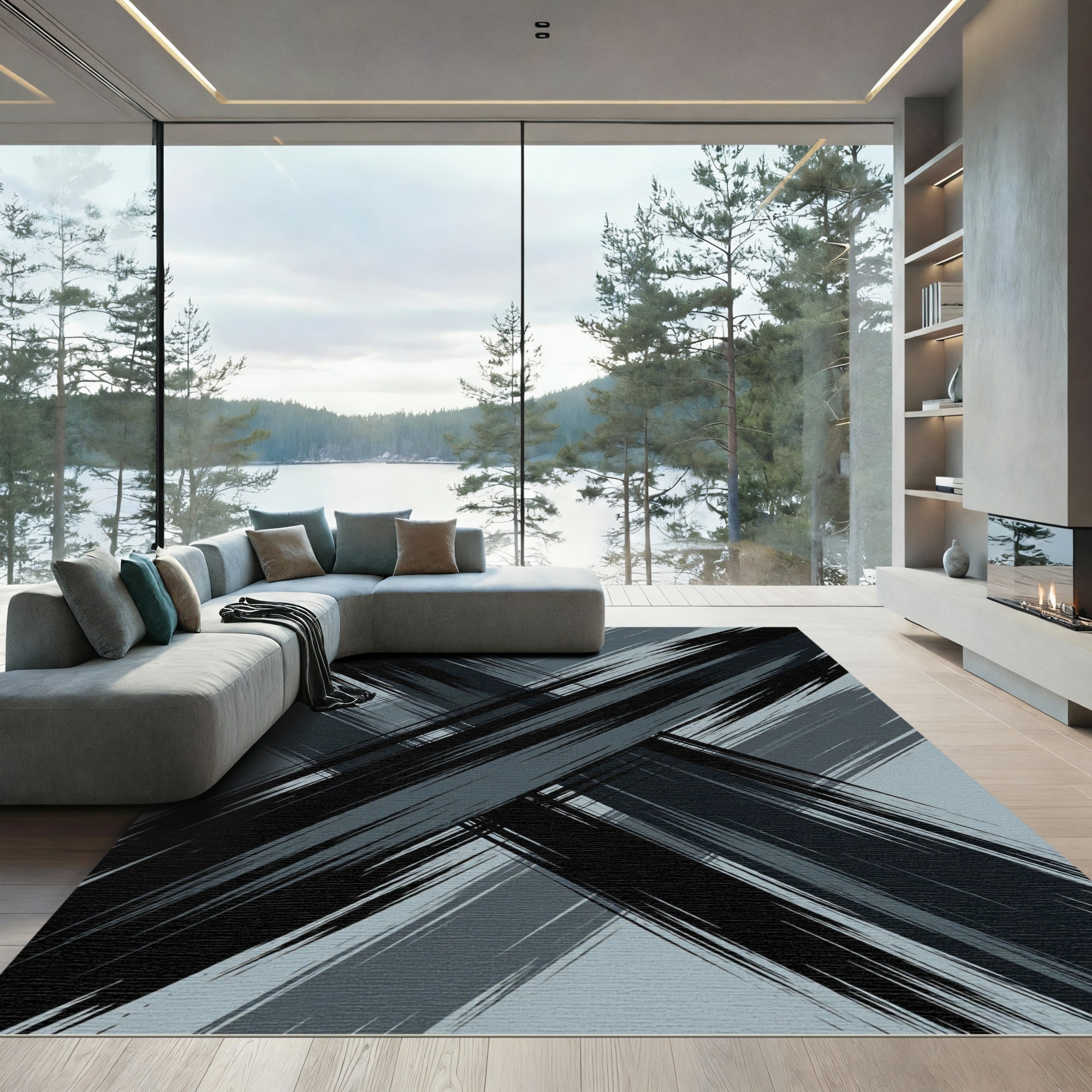 Bold Charcoal Abstract Diagonal Stroke Rug