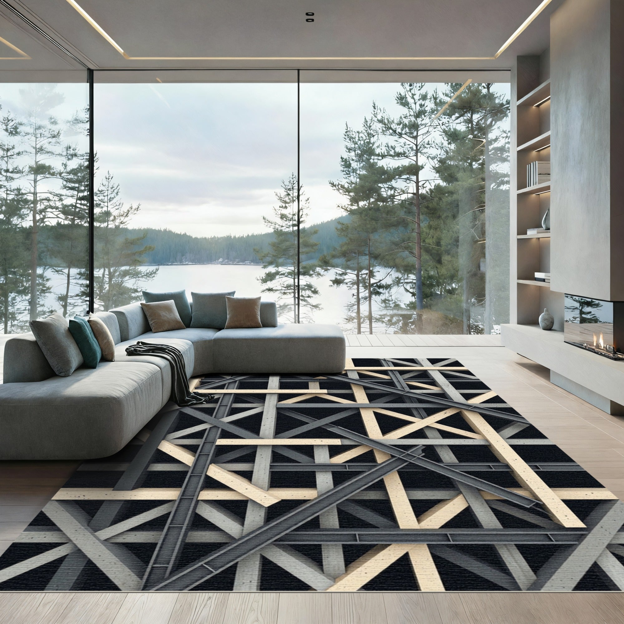 Industrial Steel Beam Geometric Grid Rug