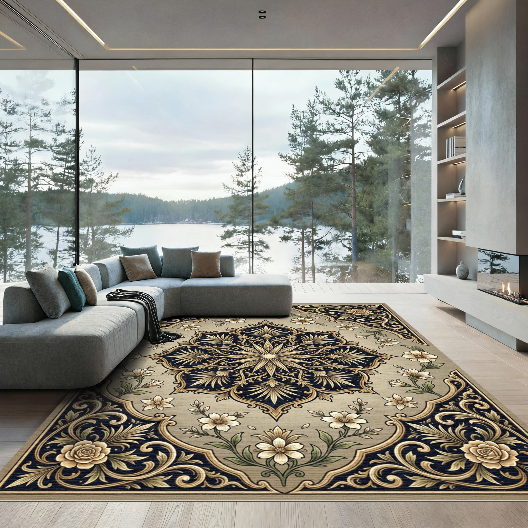Ornate Golden Floral Emblem Rug