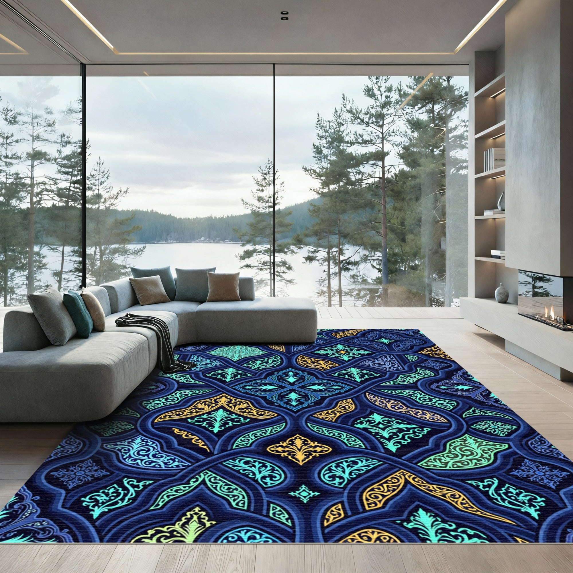 Ornate Azure Regal Filigree Tile Rug