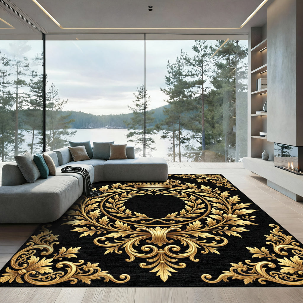 Regal Gold Crown Laurel Wreath Emblem Rug