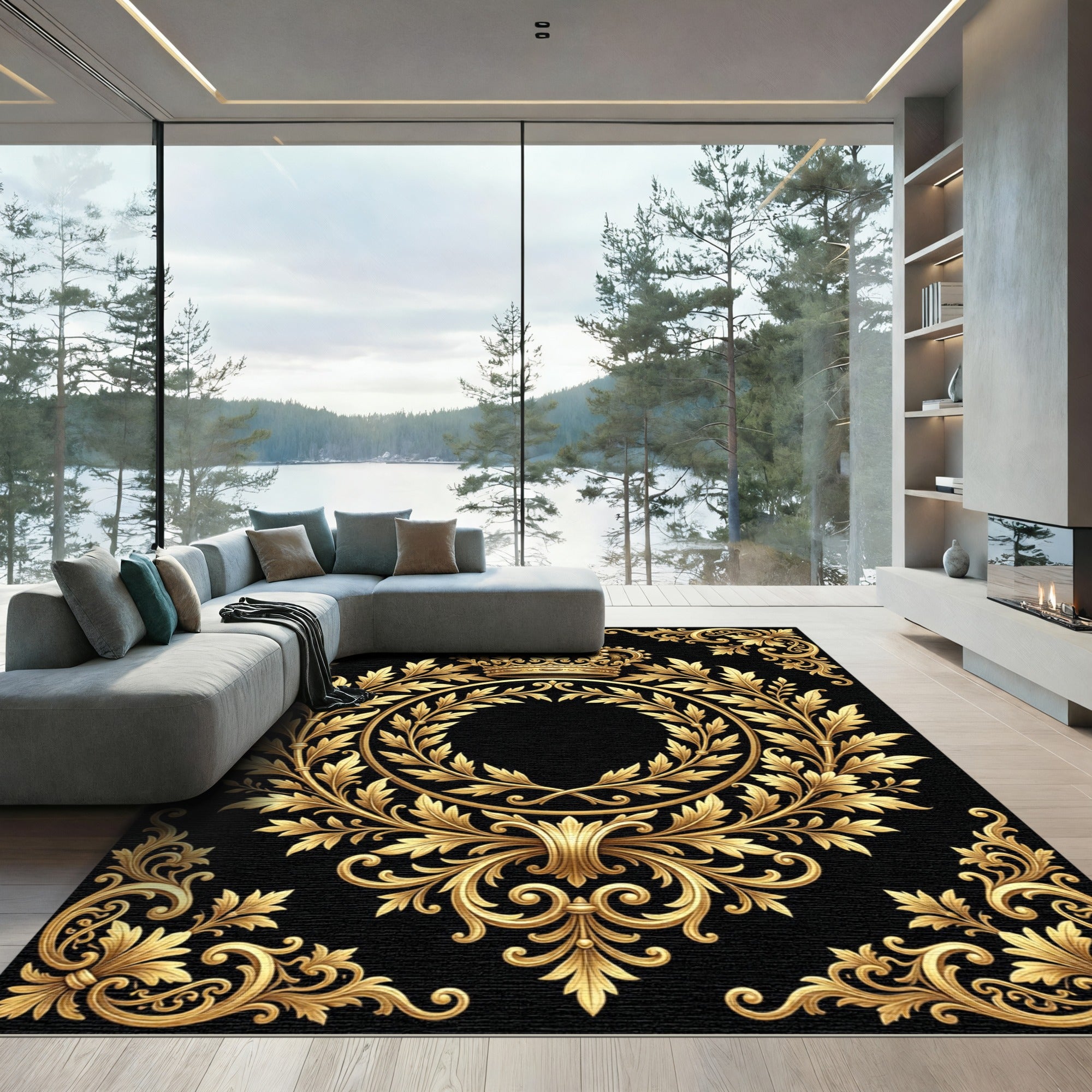 Regal Gold Crown Laurel Wreath Emblem Rug