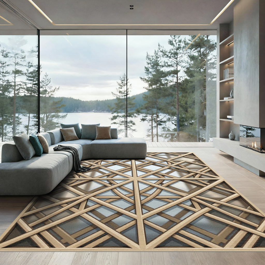 Geometric Bronze Lattice Interlocking Grid Rug