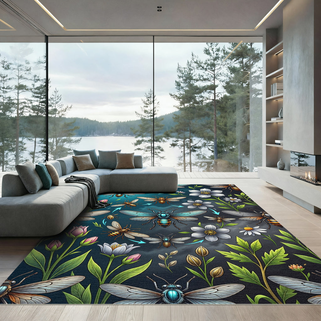 Whimsical Bioluminescent Bee Garden Meadow Rug