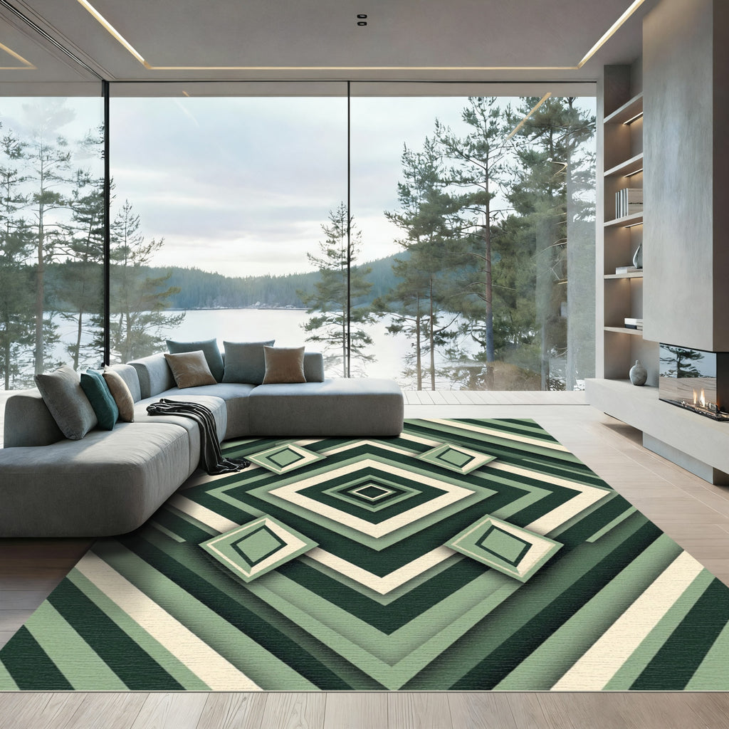 Sage Geometric Layered Diamond Maze Rug