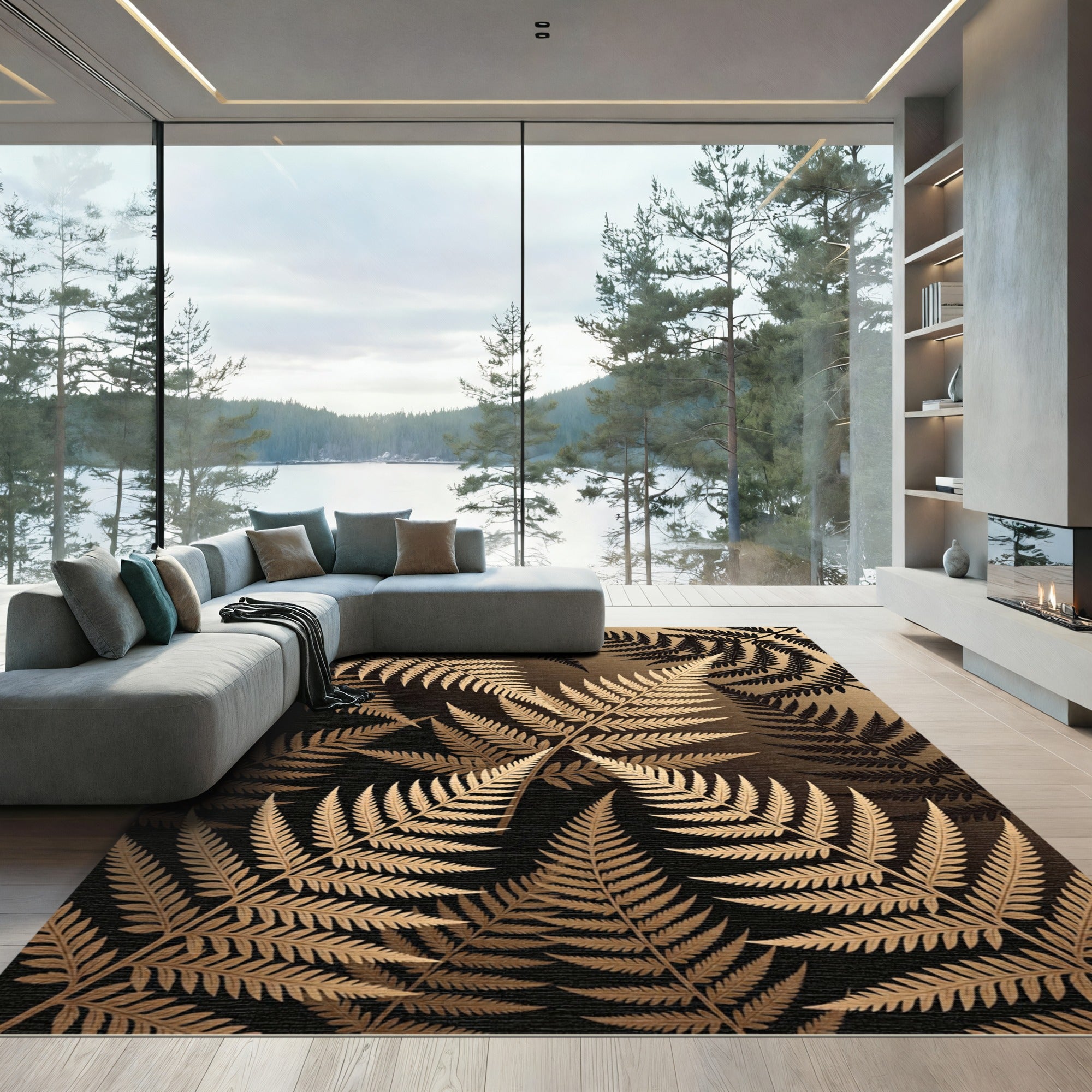 Golden Fern Foliage Background Rug