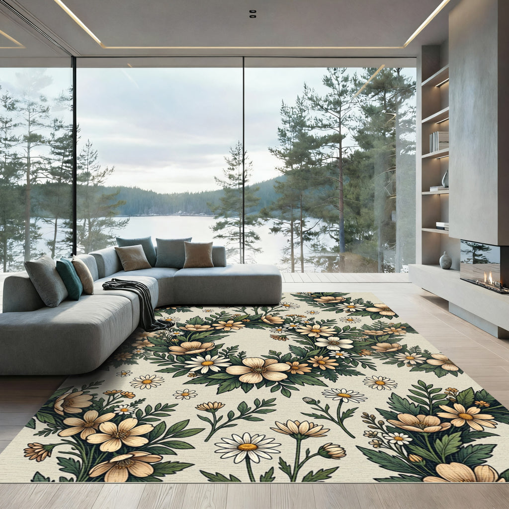 Elegant Beige Cream Wildflower Wreath Rug