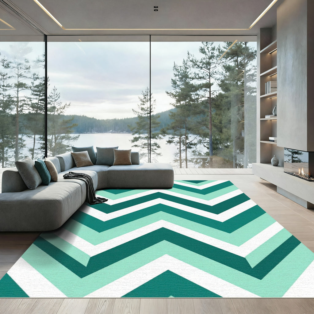 Teal Mint Chevron Geometric Stripe Rug
