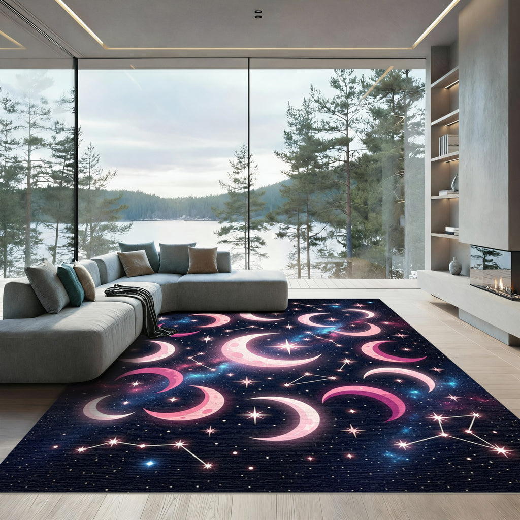 Cosmic Pink Crescent Moons Constellations Rug