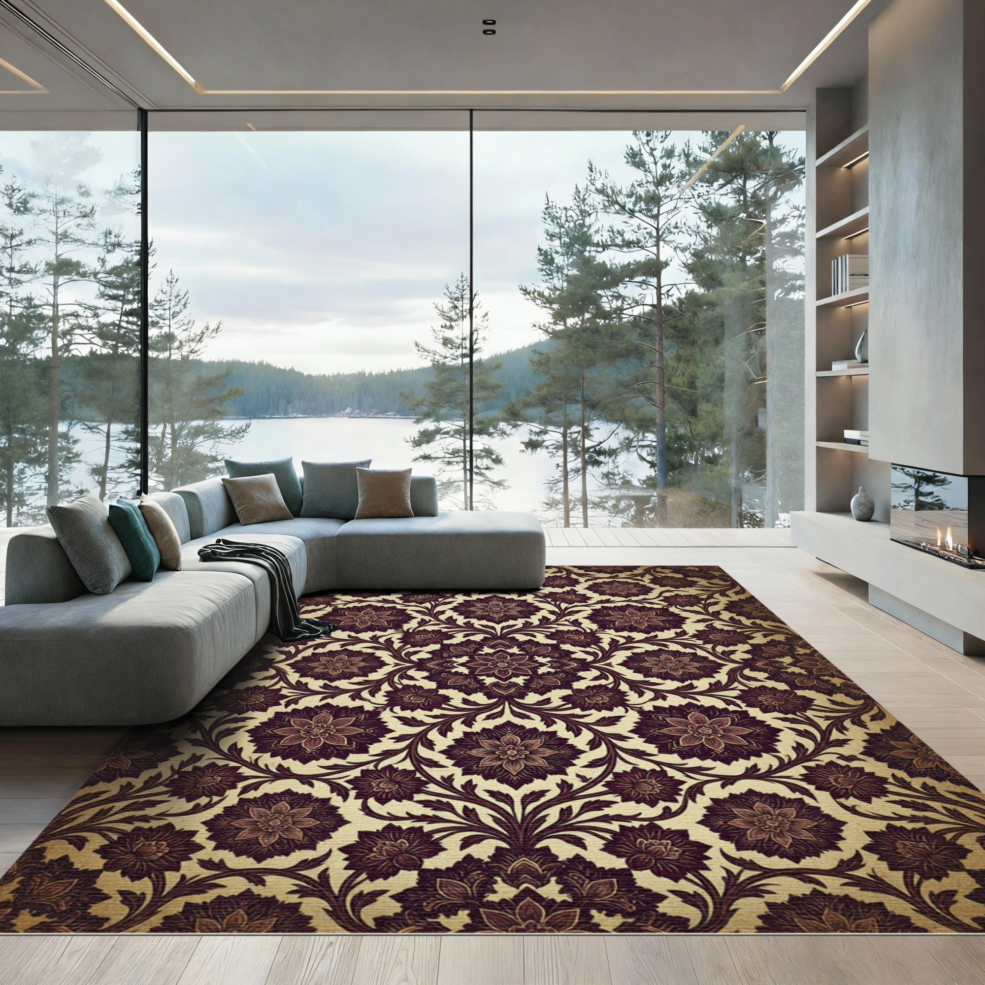 Vintage Deep Burgundy Floral Damask Rug