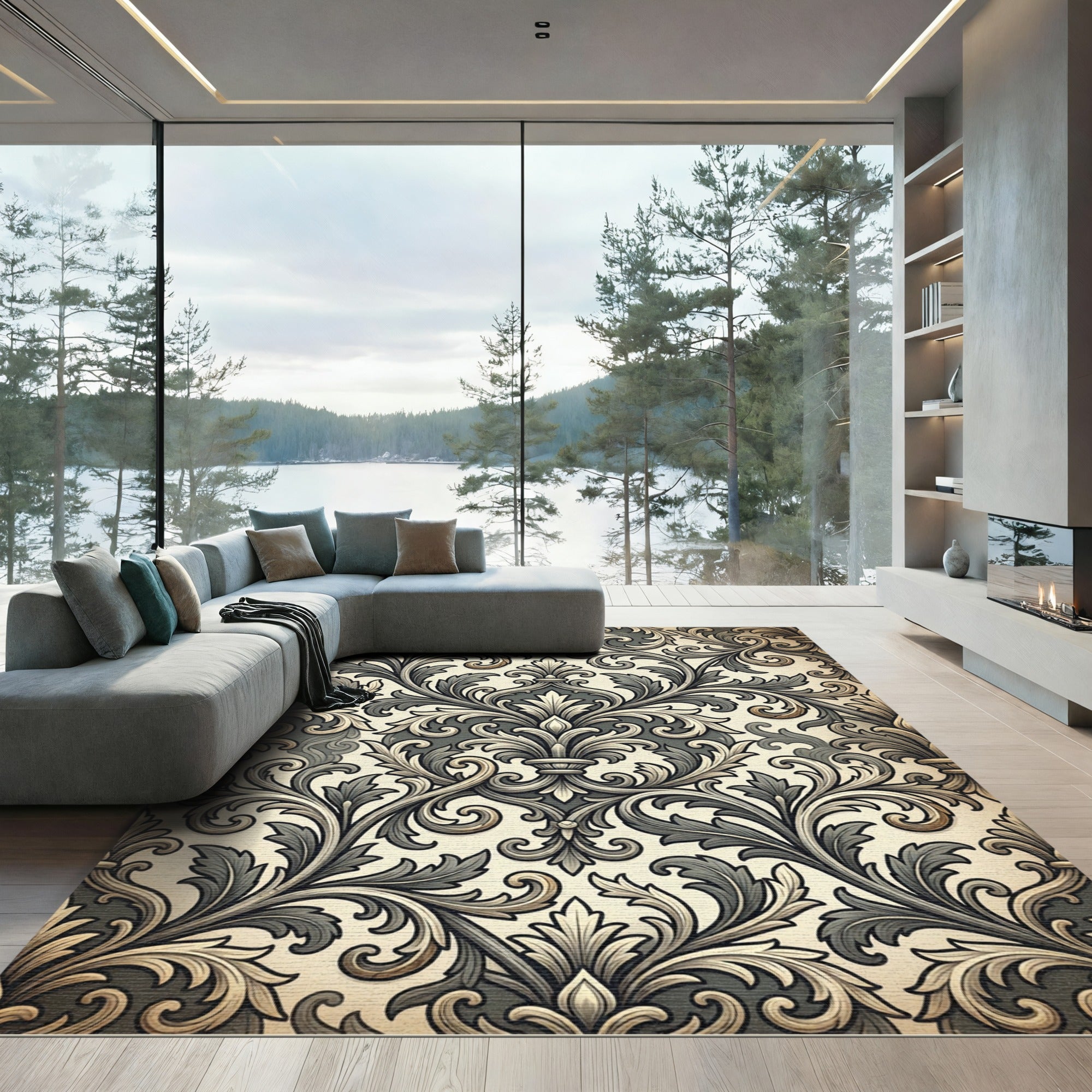 Elaborate Gray Scrollwork Floral Rug