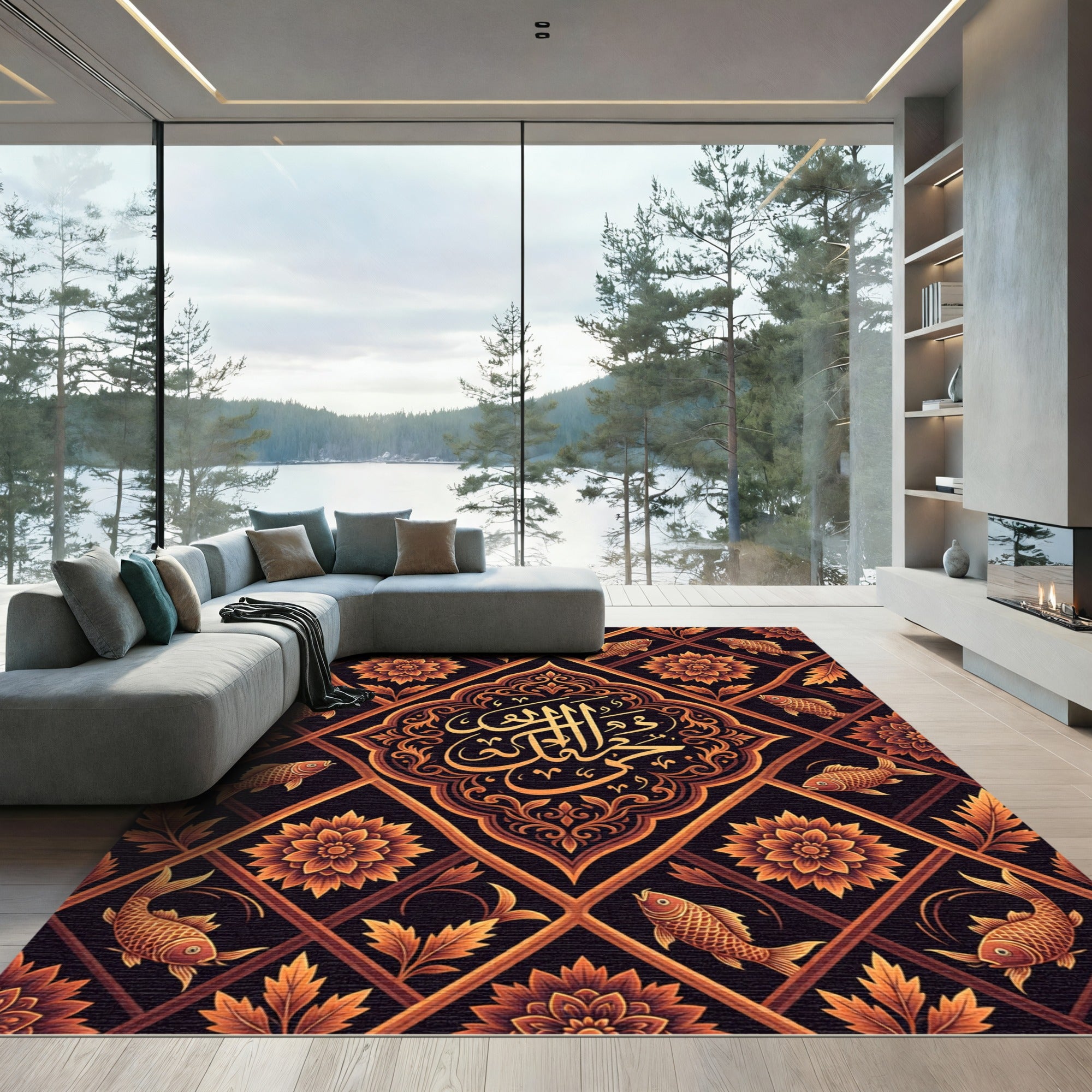Golden Fish Floral Lattice Rug