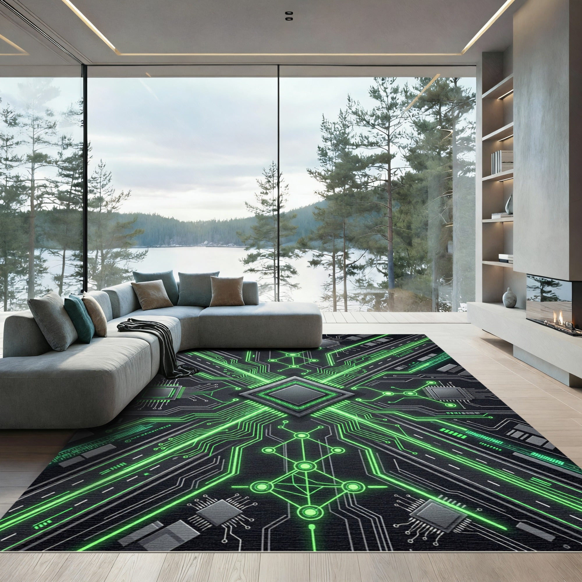 Cyber Neon Circuitry Radiant Grid Rug