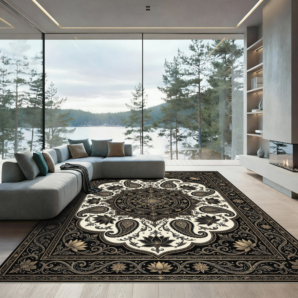 Opulent Black and Gold Paisley Medallion Rug