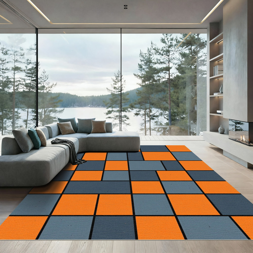 Bold Orange Blue Geometric Blocks Rug