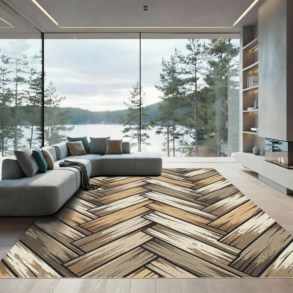 Neutral Herringbone Earth Tone Planks Rug