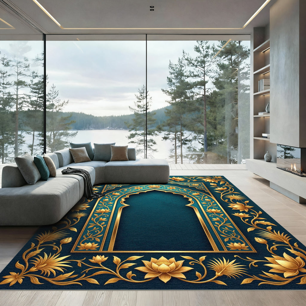 Ornate Teal and Gold Lotus Arch Rug