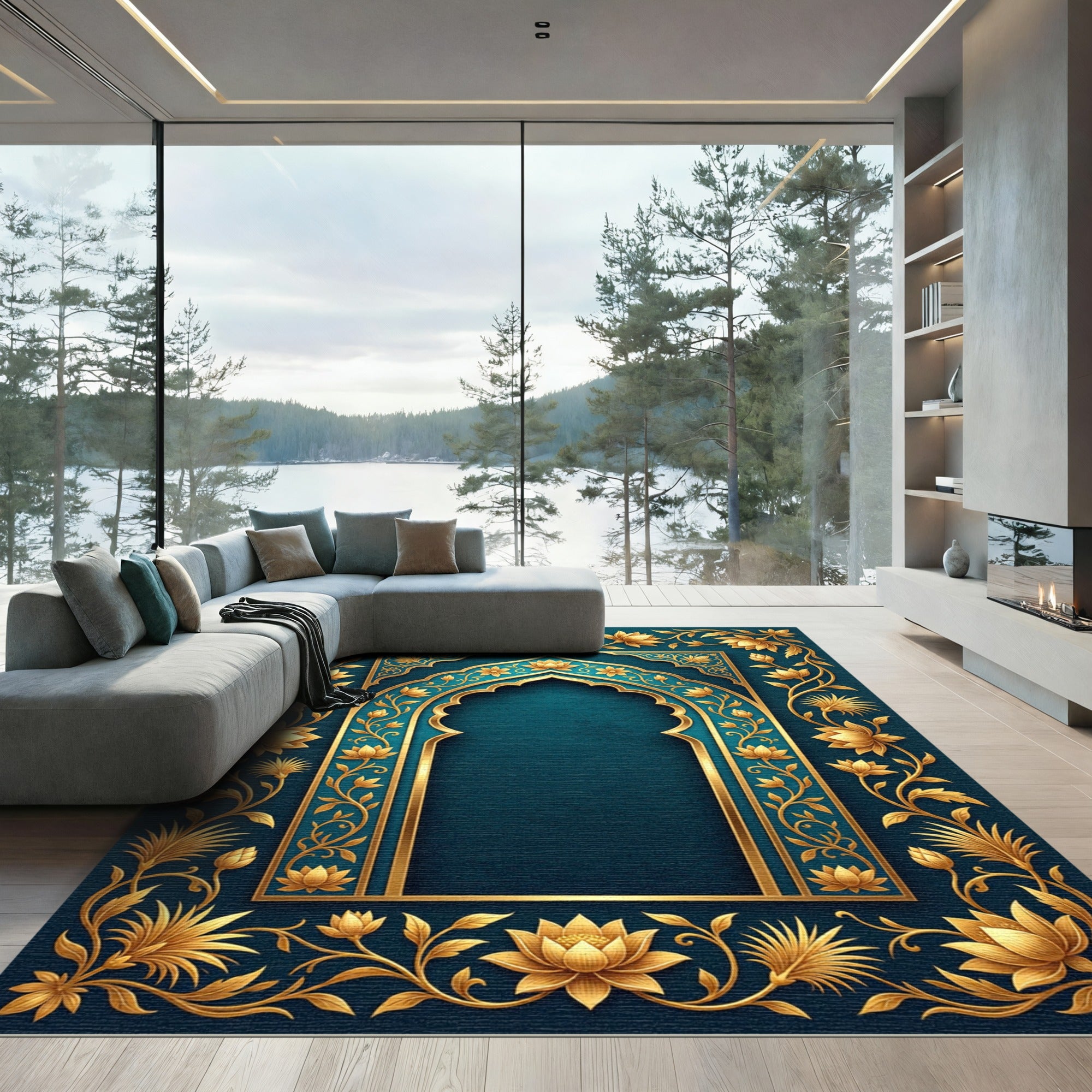Ornate Teal and Gold Lotus Arch Rug