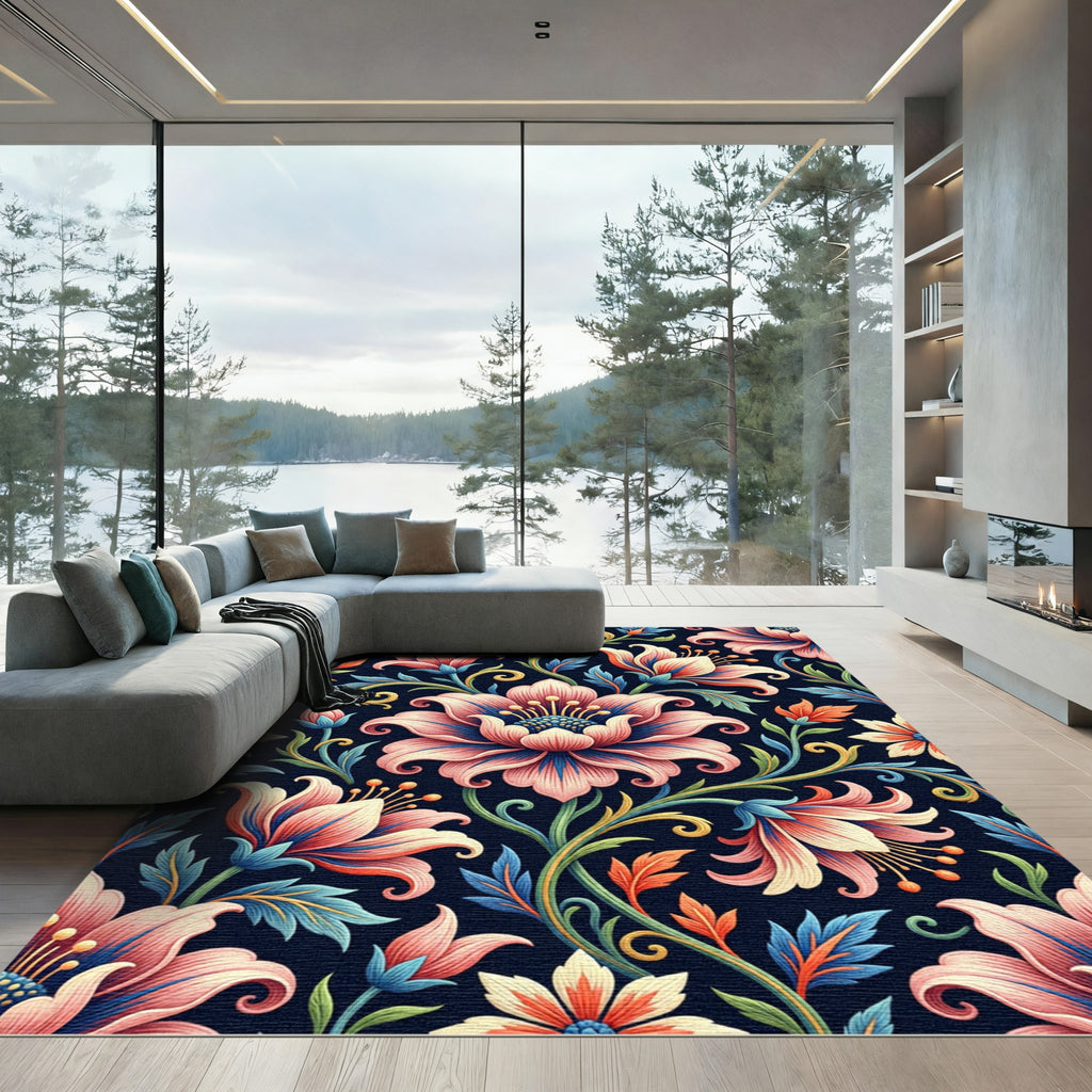 Vibrant Pink Floral Flourish Dark Backdrop Rug