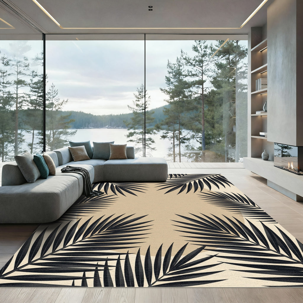 Minimalist Black Palm Leaf Framed Circle Rug