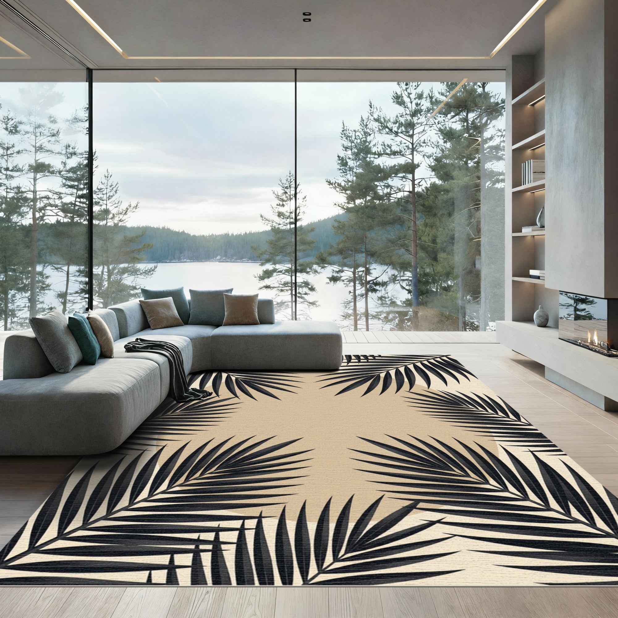 Minimalist Black Palm Leaf Framed Circle Rug