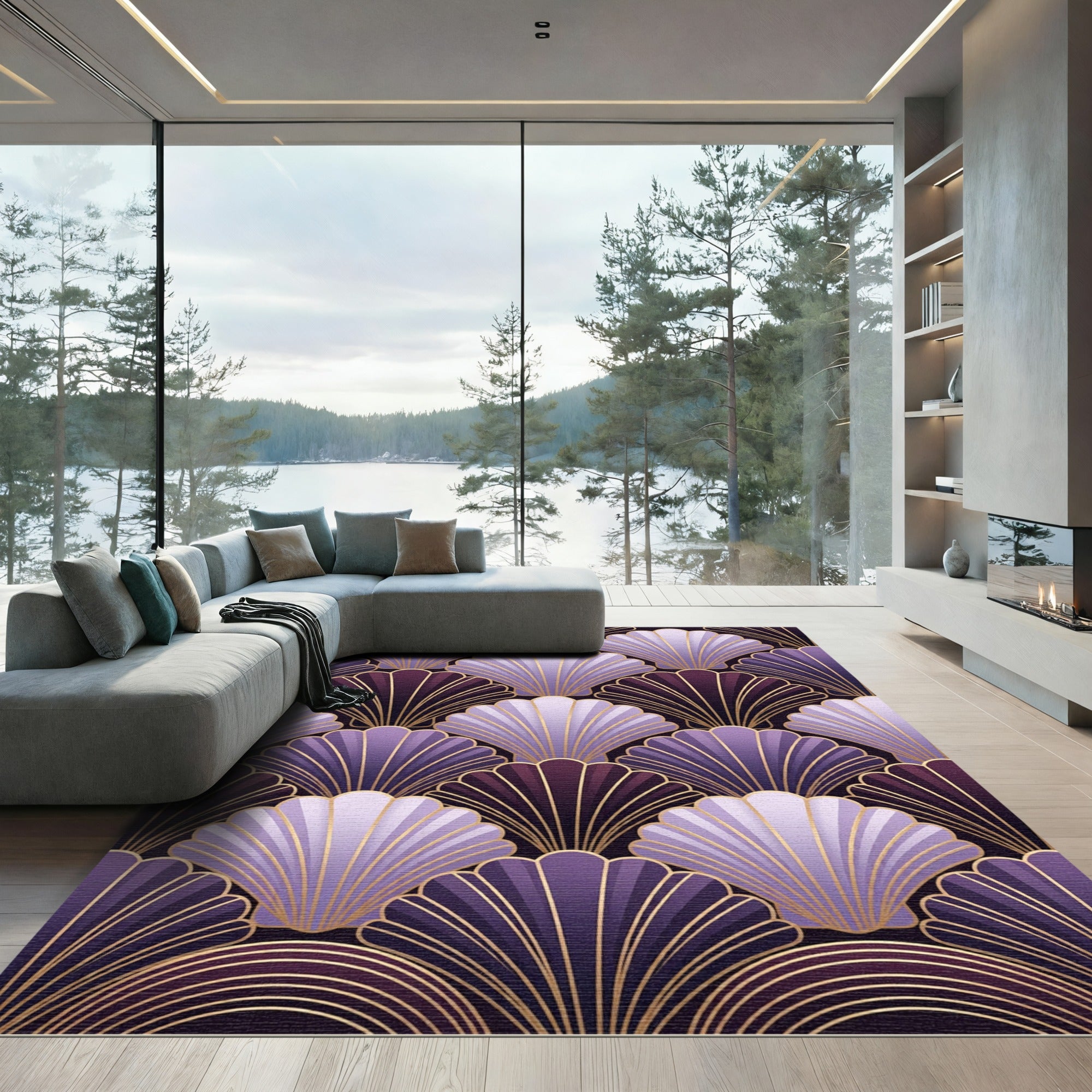 Art Deco Purple Gold Fan Shell Rug