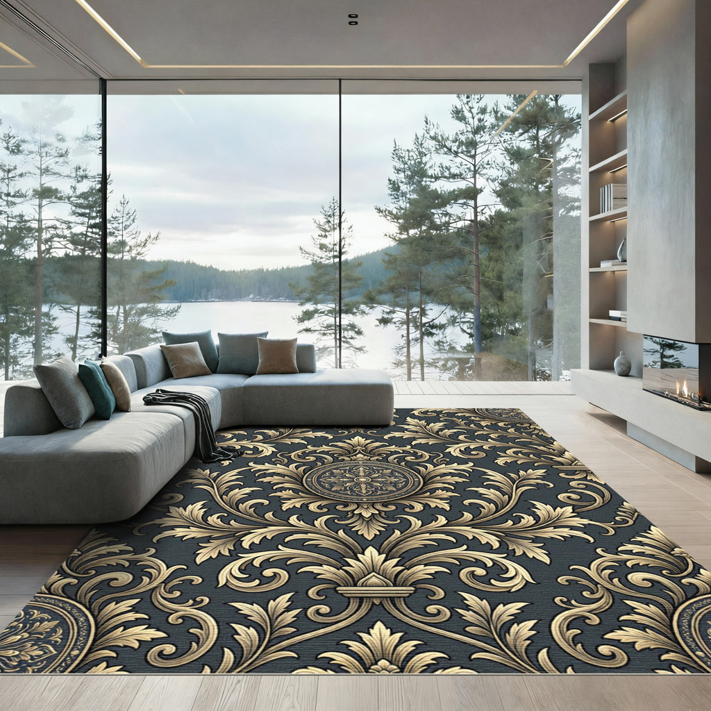 Ornate Golden Damask Charcoal Scroll Rug