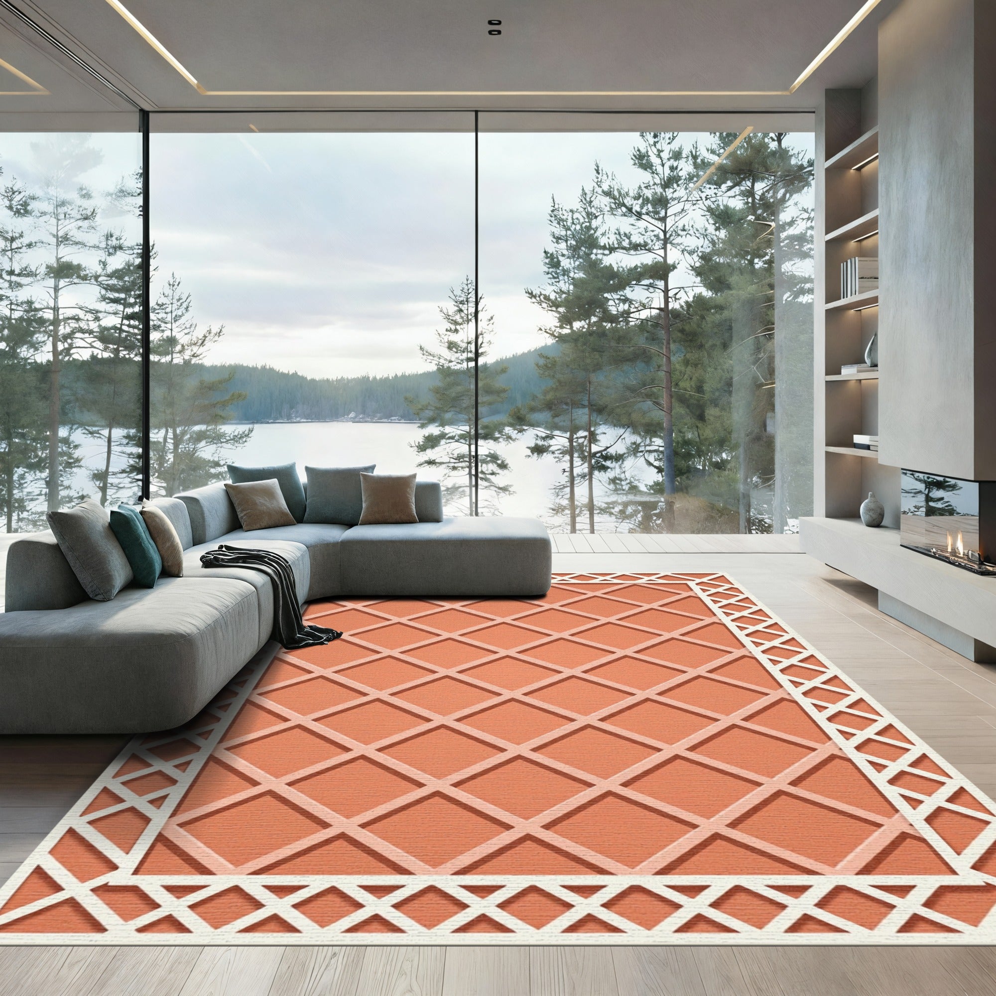 Terracotta Grid Geometric Lattice Rug