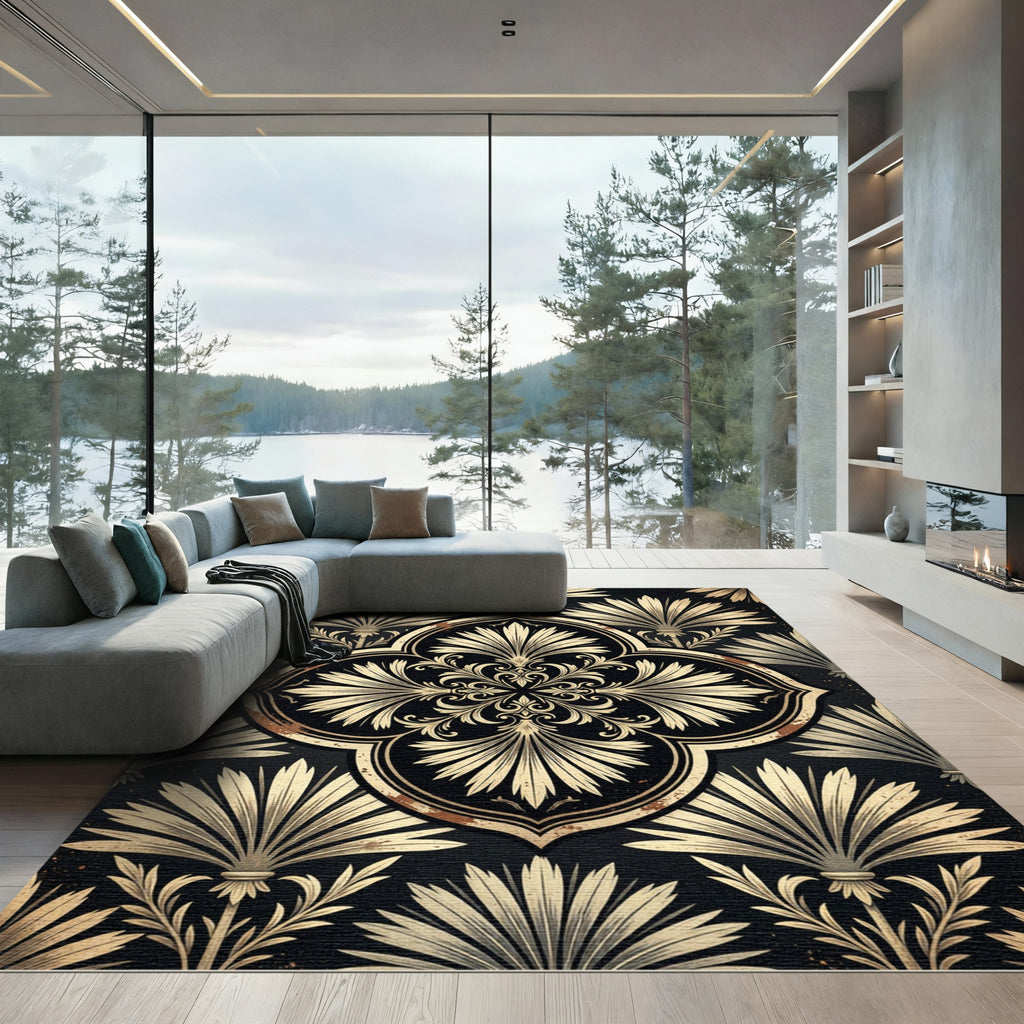 Black and Gold Floral Damask Medallion Rug