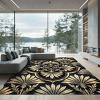 Black and Gold Floral Damask Medallion Rug
