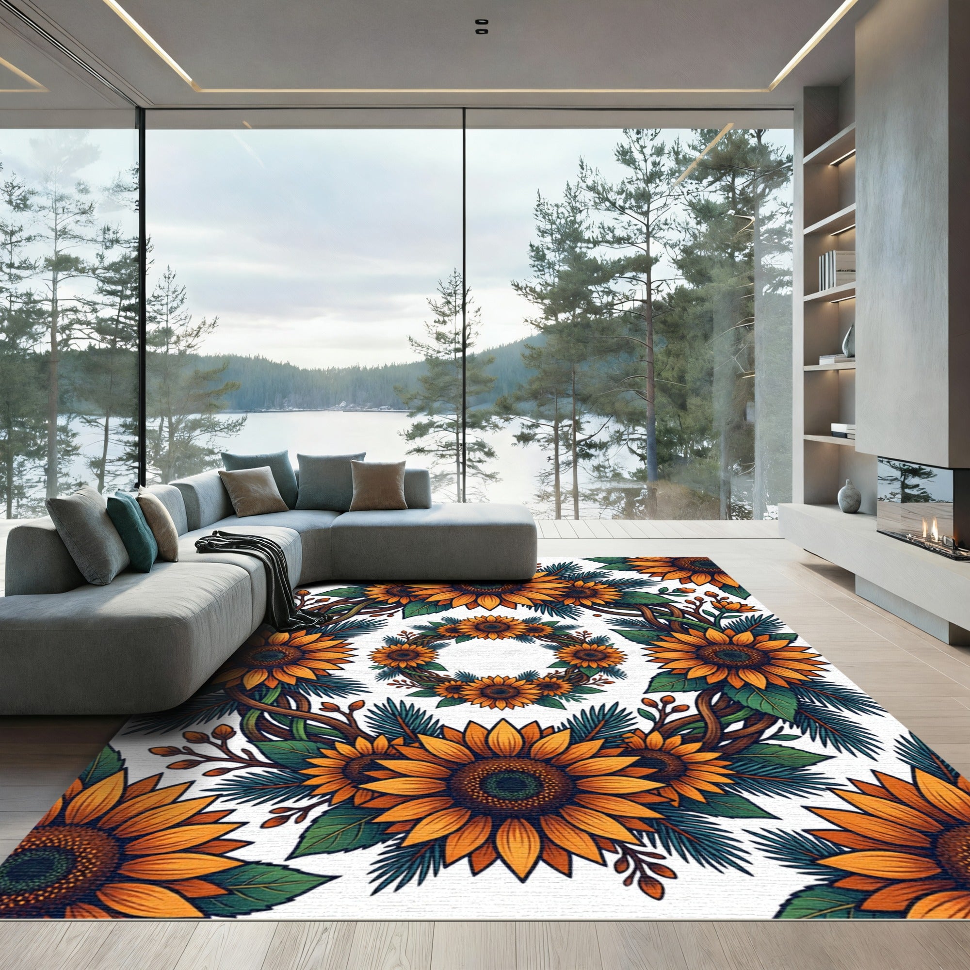 Vibrant Sunflower Wreath Botanical Art Rug