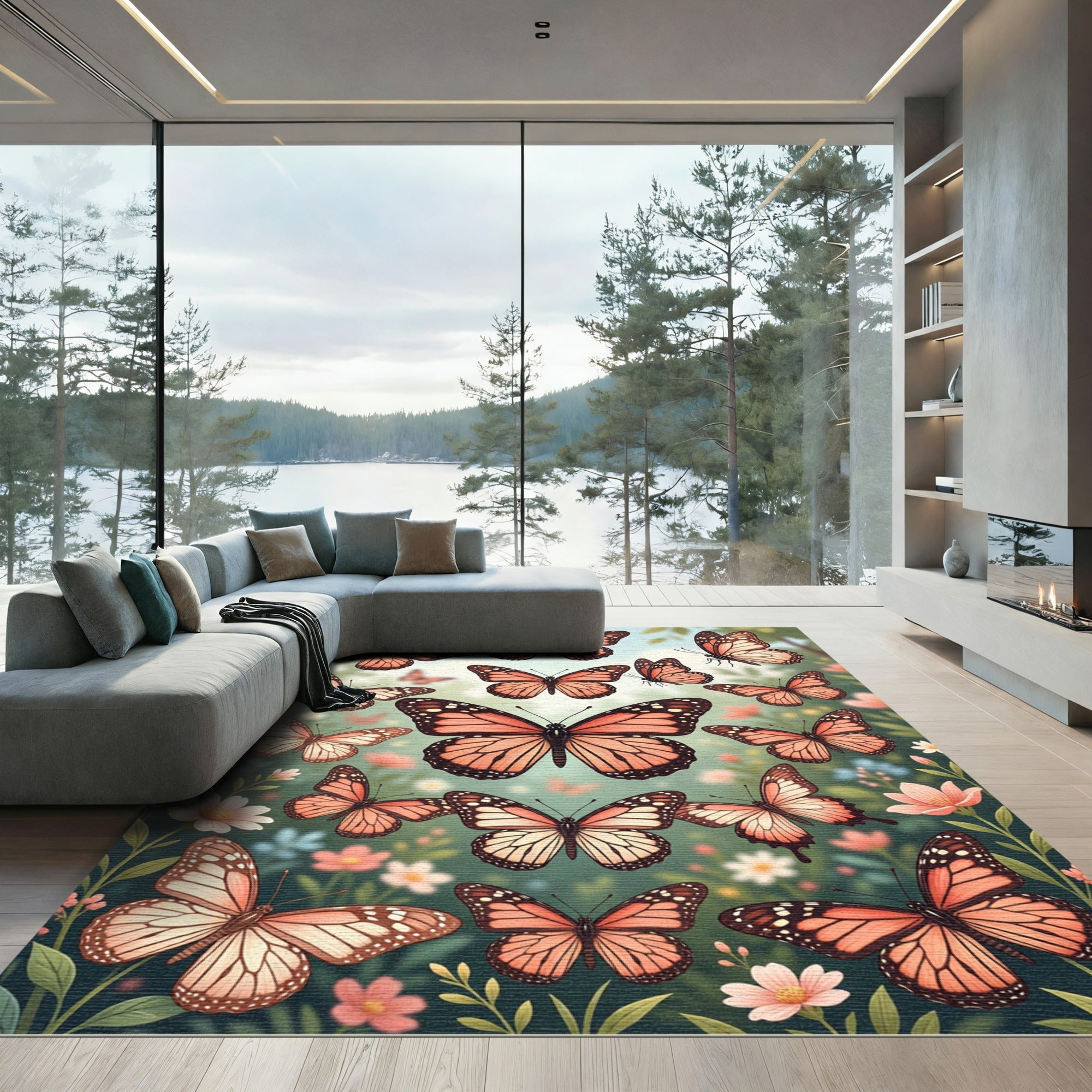 Whimsical Peach Butterfly Garden Meadow Rug