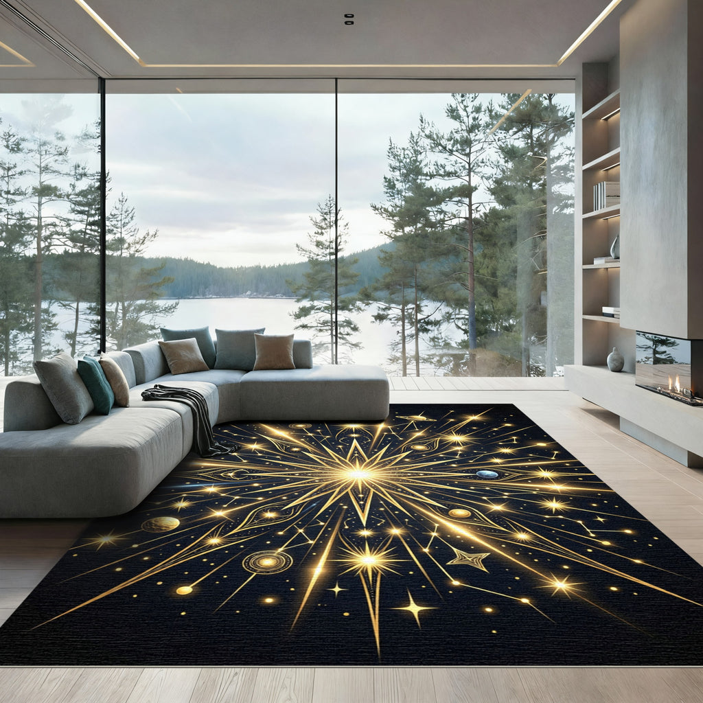Golden Celestial Starry Galaxy Mandala Rug