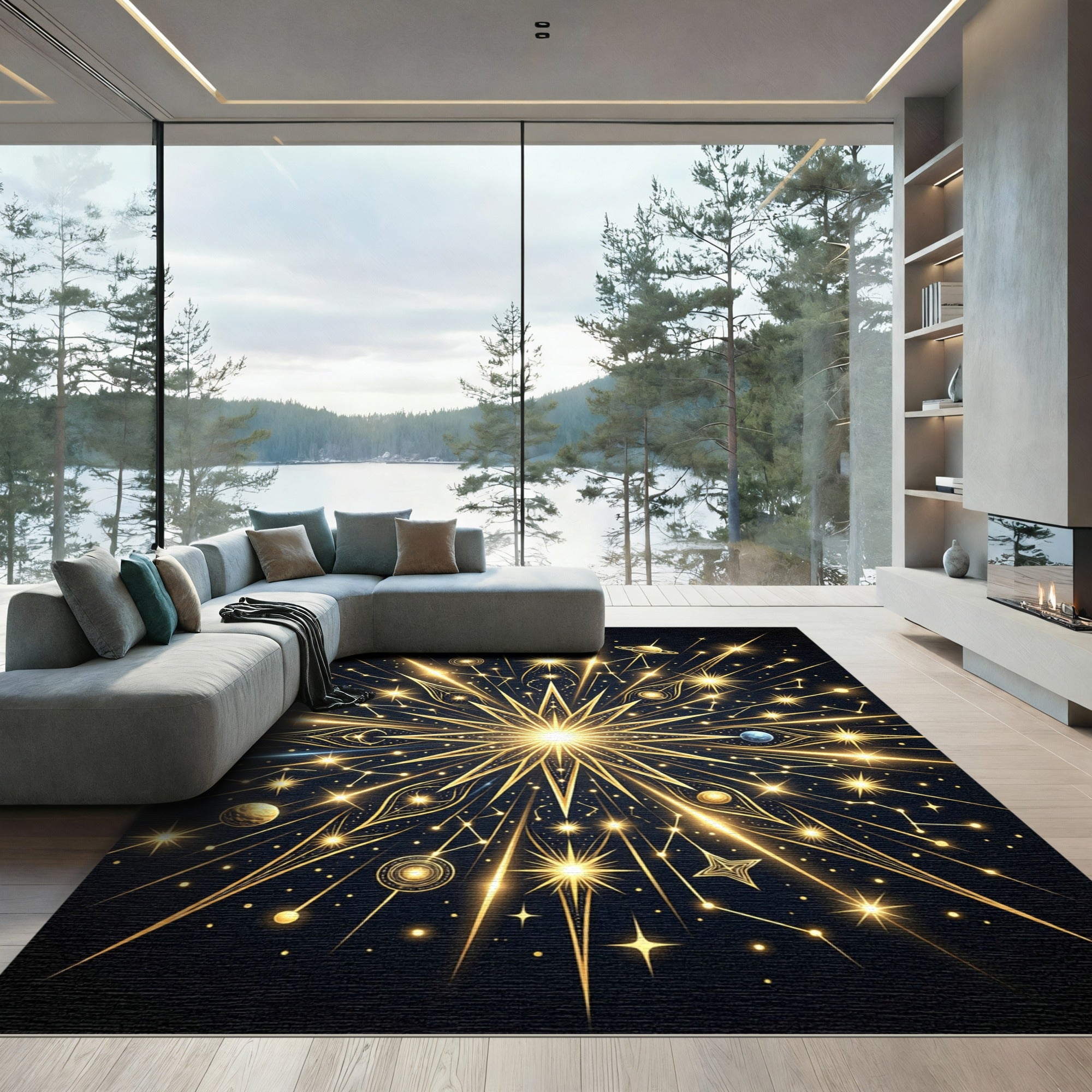 Golden Celestial Starry Galaxy Mandala Rug