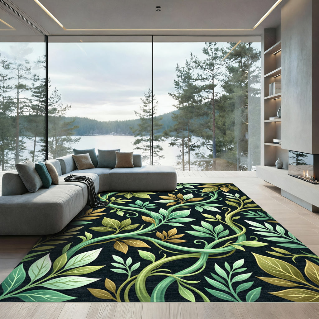 Lush Emerald Golden Vine Botanical Rug
